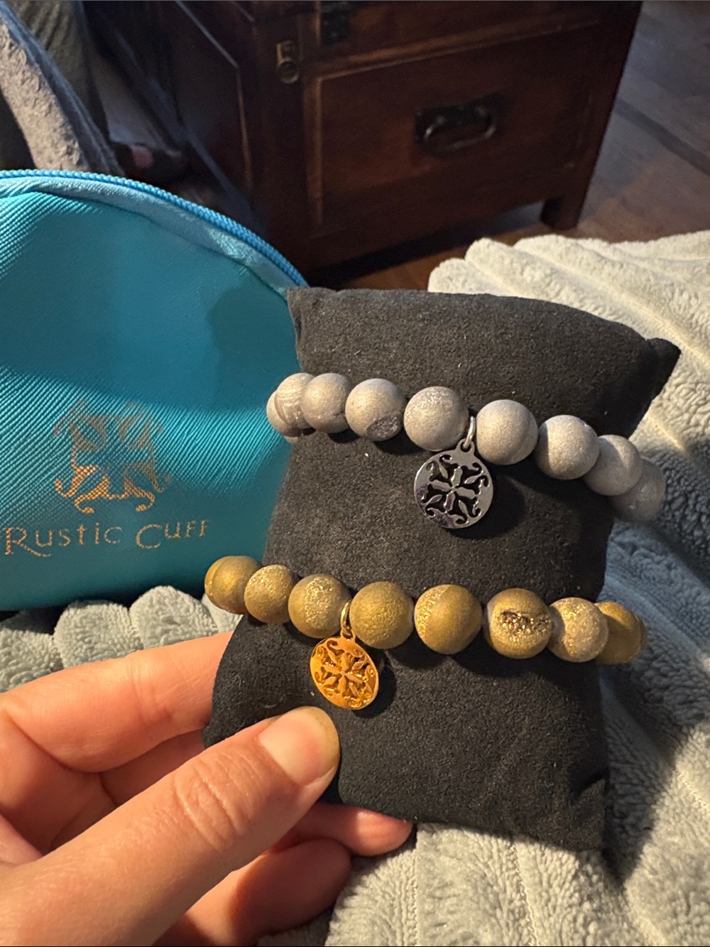 Rustic Cuff Matte Gray and Metallic Gold Beaded Bracelet Set